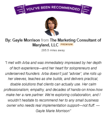 A recommendation for Arba from Gayle Marie Morrison, featuring a professional headshot and a positive testimonial.