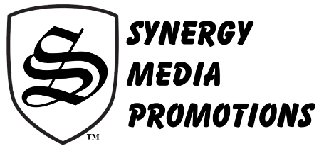 A black and white logo for synergy media promotions.