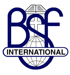 A logo for bsf international with a globe and a cross