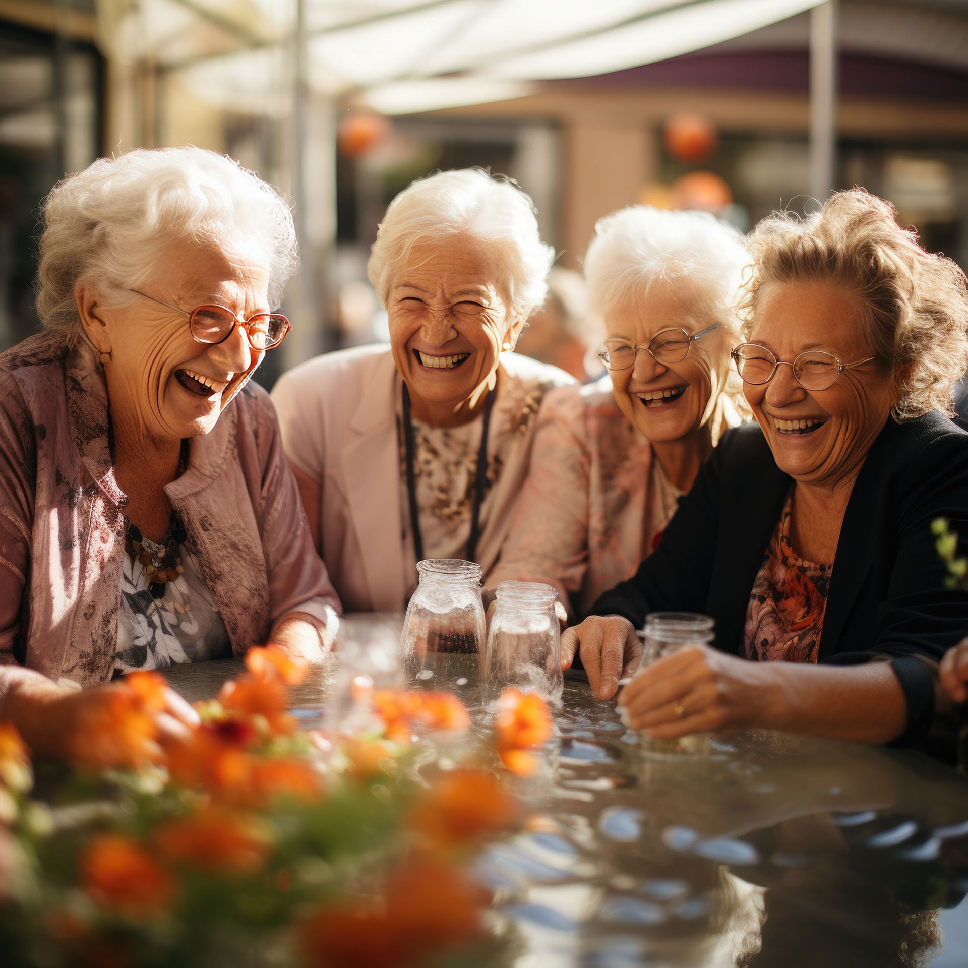 A group of senior women are sitting at a table laughing.