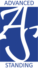 The logo for advanced standing is blue and white.