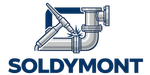 Logotipo de SOLDYMONT con gráfico de tubería y válvula azules y texto sobre fondo blanco.