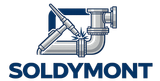 Logotipo de SOLDYMONT con tuberías industriales de color azul grisáceo, junta de codo y gráfico de válvula.