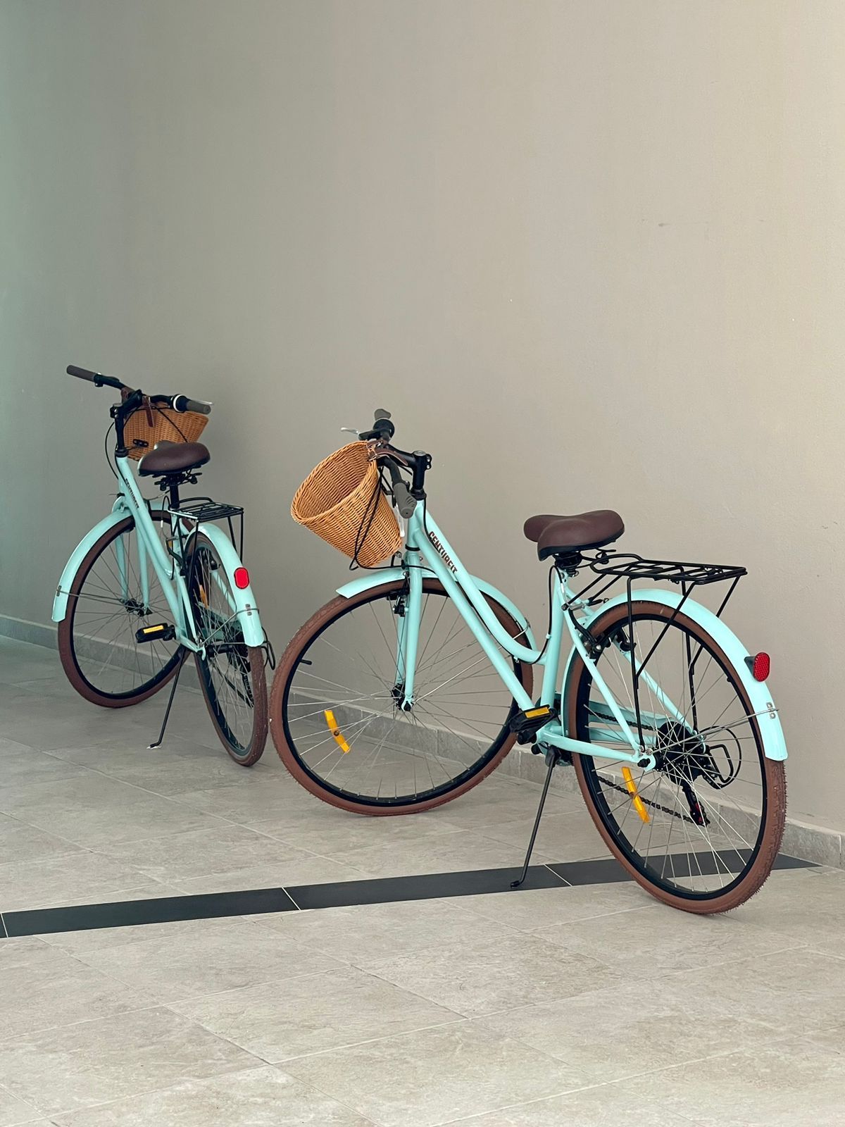 Dos bicicletas están aparcadas una al lado de la otra delante de una pared.