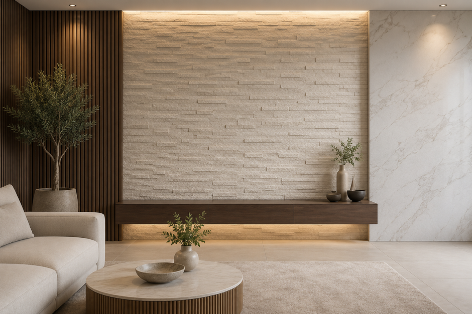 Minimalist living room with textured wall, beige sofa, wooden coffee table, and soft warm lighting