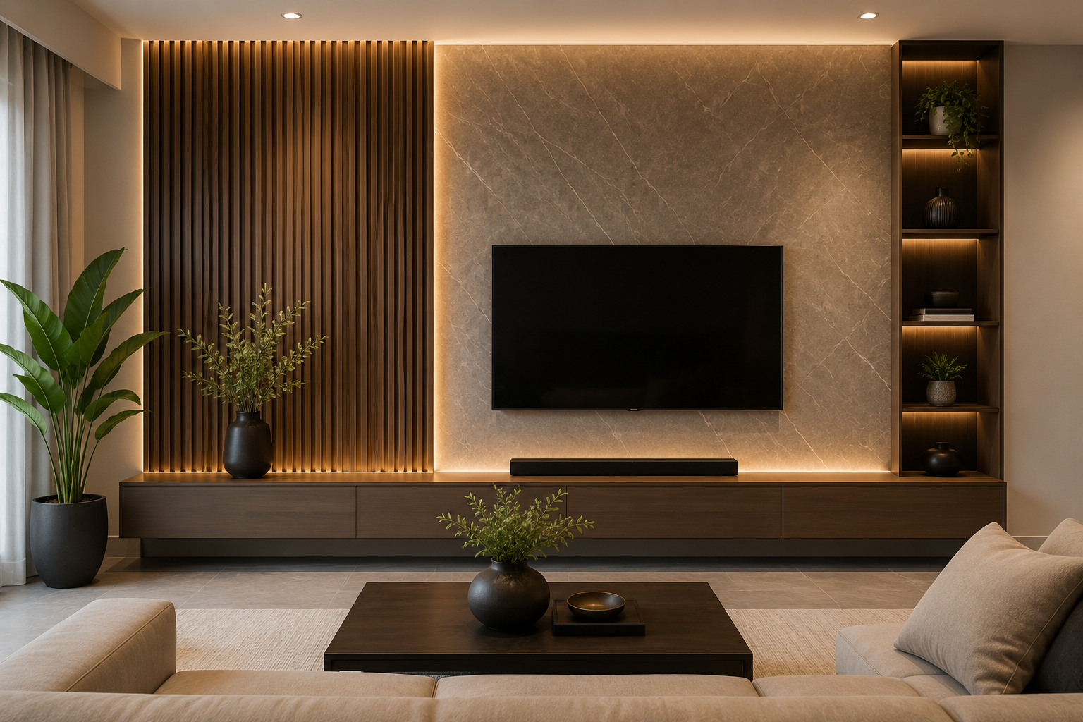 Modern living room with wall-mounted TV, warm wood slats, built-in shelves, and beige seating