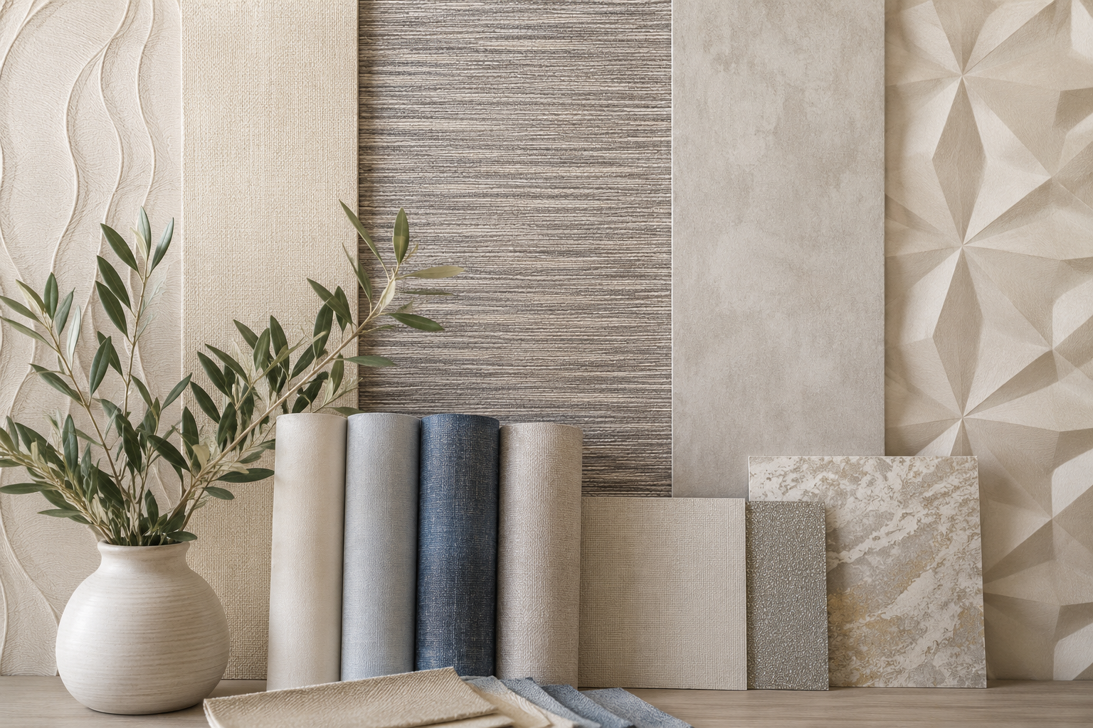 Neutral-toned wallpaper samples and decor arranged on a shelf with a vase of greenery