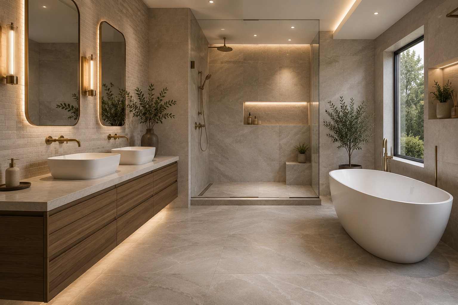 Modern beige bathroom with double sink, walk-in shower, freestanding tub, and large window
