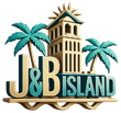 J&B Island logo with palm trees and a beige tower in teal and gold