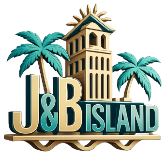 J&B Island logo with palm trees and a beige tower in teal and gold
