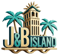 J&B Island logo with palm trees and a beige tower in teal and gold