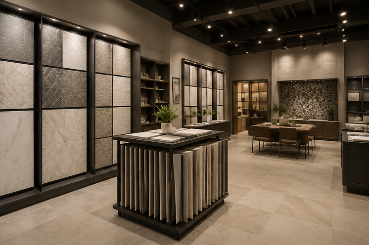 Modern hotel lobby with seating, dark wood accents, and decorative wall panels