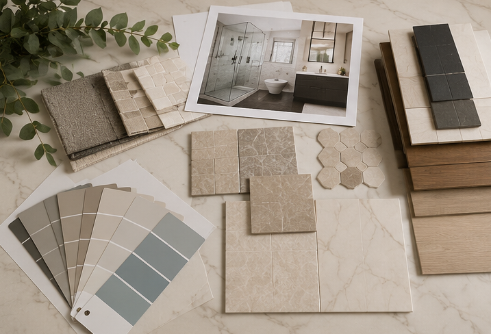 Interior design mood board with fabric swatches, paint samples, wood finishes, and a room photo on a beige surface