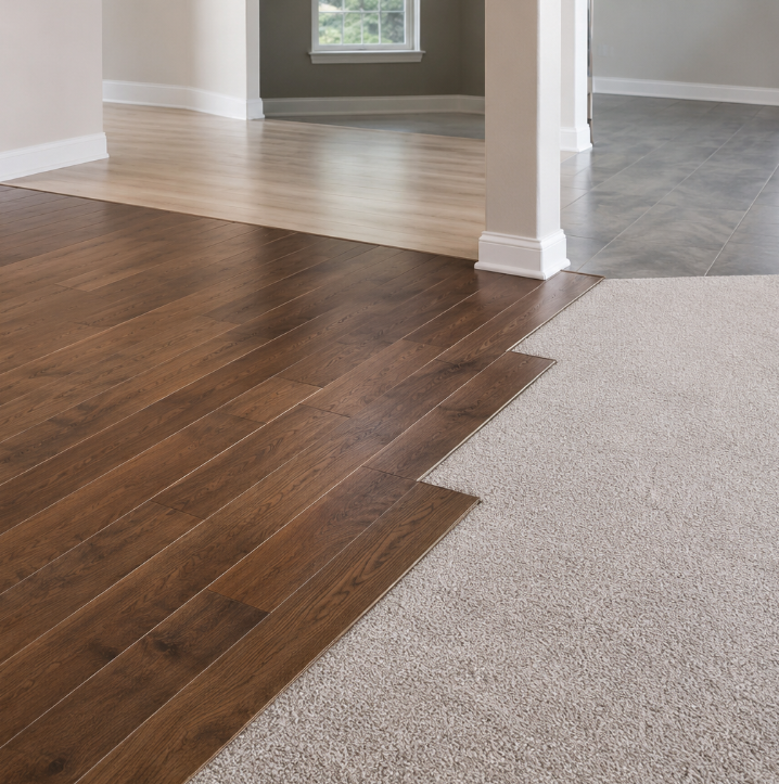 Living room flooring transition between dark wood, light wood, gray tile, and carpet