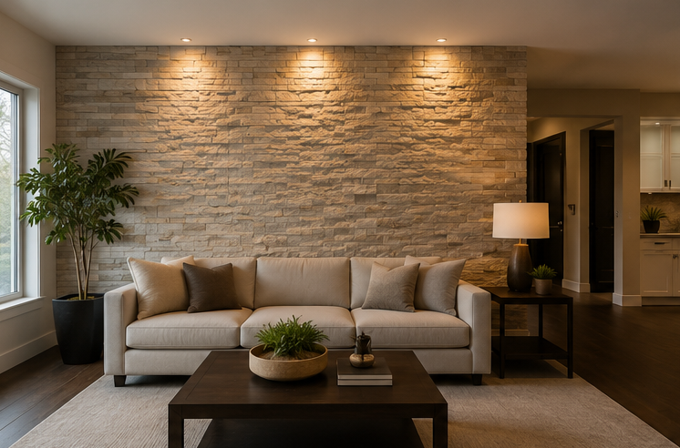 Cozy living room with beige sofa, stone accent wall, coffee table, lamp, and potted plant.