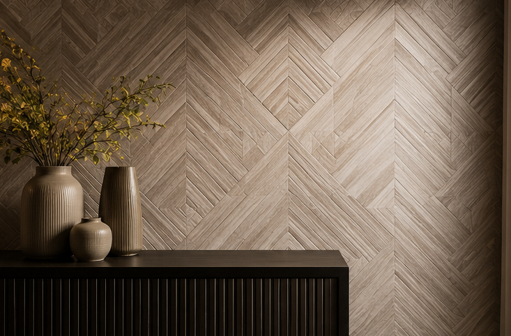Neutral-toned wall decor with geometric wood pattern above a dark console and vases of dried stems
