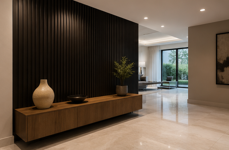 Modern lobby with black slatted wall, wood console, cream vase, marble floor, and large windows.