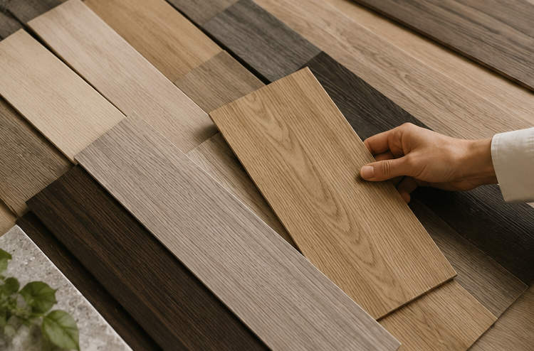 Hand selecting a light wood flooring sample from a display of mixed wood planks