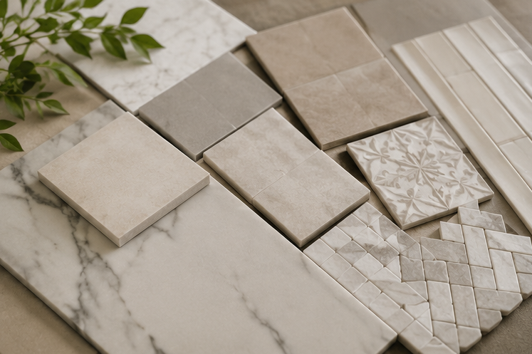 Marble and patterned tile samples arranged on a tabletop with green leaves