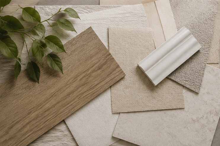 Assorted beige and white fabric and material samples with green leaves on a light surface