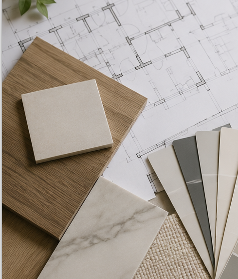 Architectural plans with wood, marble, and neutral material samples arranged in a design layout