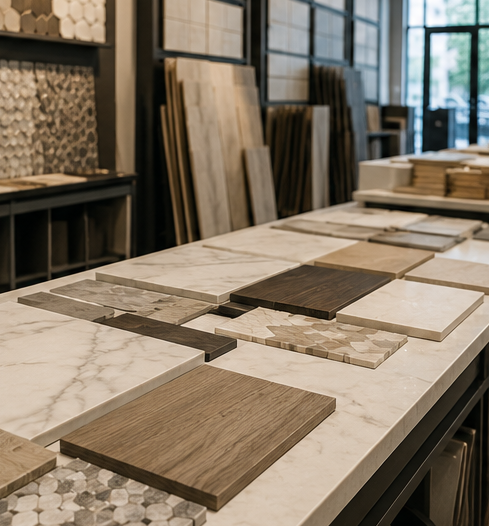 Samples of wood and stone tile laid out on a showroom table