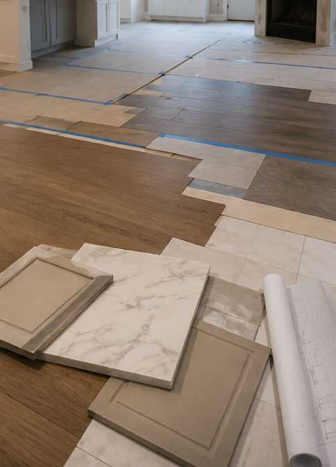Flooring samples laid out on a room floor with wood, tile, and marble-like pieces