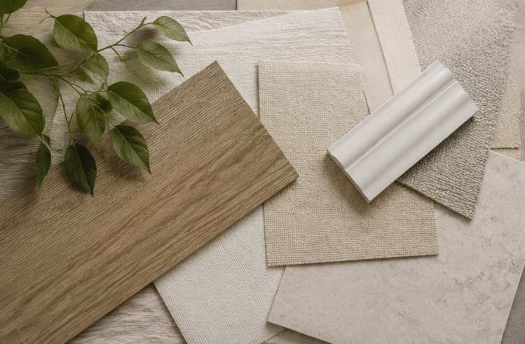 Assorted beige and white fabric and paper swatches with green leaves on a neutral surface