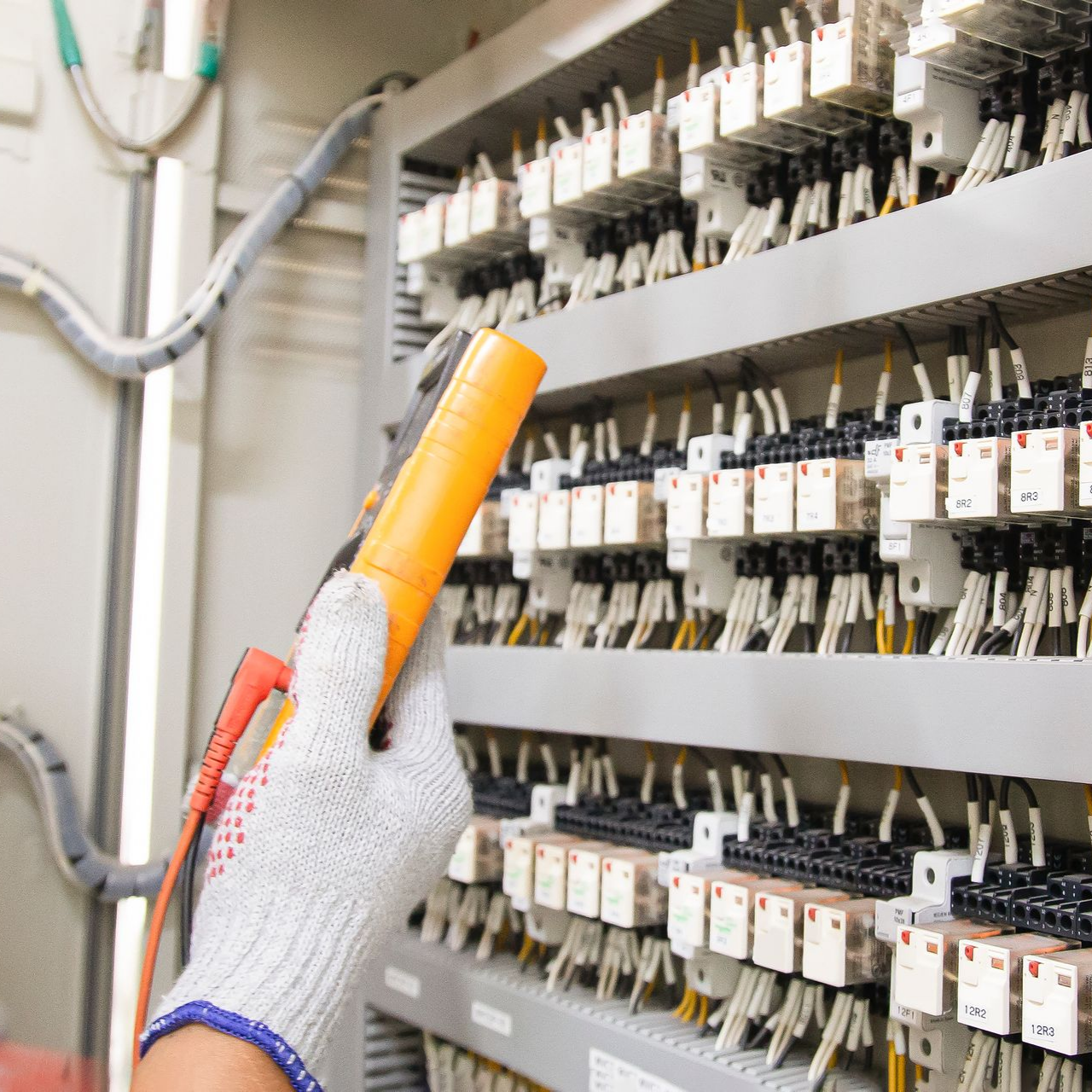 Gloved technician testing electrical components inside a control panel using a handheld meter.