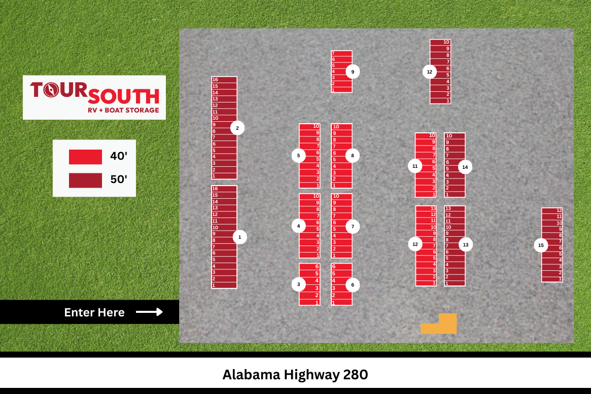 Full property map of TourSouth off Alabama Hwy 280, with numbered 40- and 50-foot covered bays