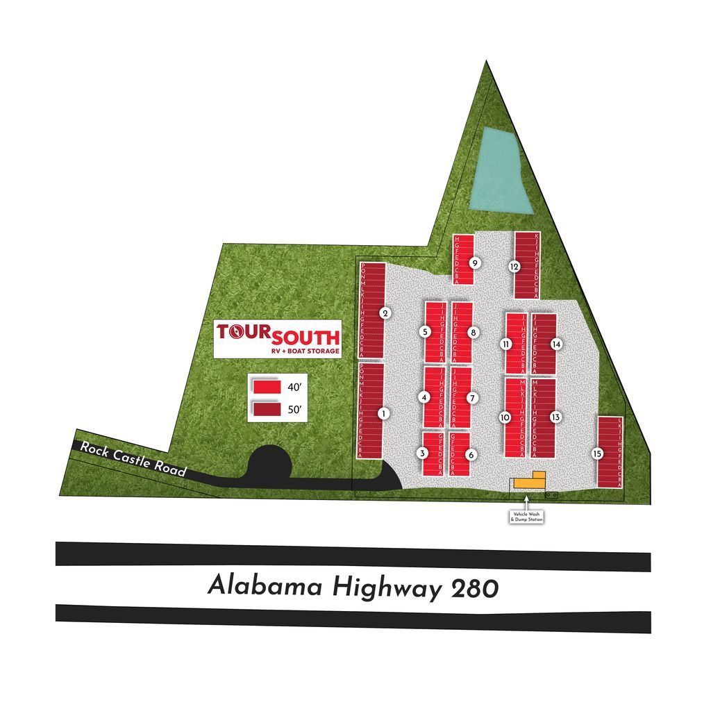 Full property map of TourSouth off Alabama Hwy 280, with numbered 40- and 50-foot covered bays