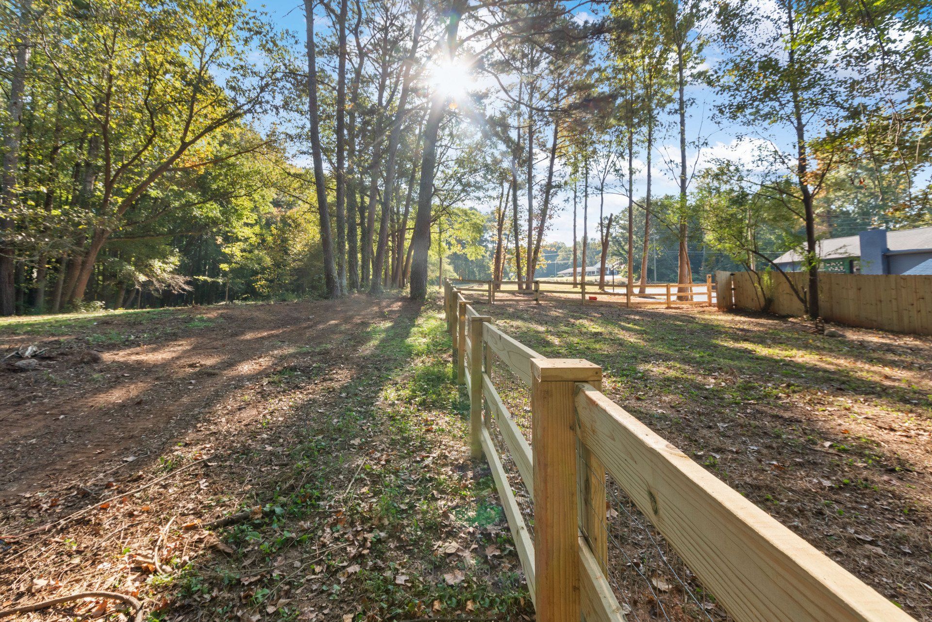 A wooden fence surrounds a lush green forest.