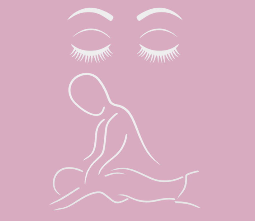 Roze achtergrond. Lijntekening van een persoon die een massage krijgt. Gesloten ogen en wenkbrauwen erboven.