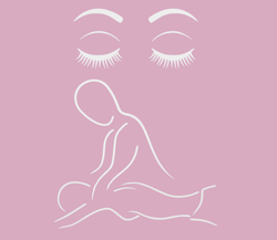Roze achtergrond. Lijntekening van een persoon die een massage krijgt. Gesloten ogen en wenkbrauwen erboven.