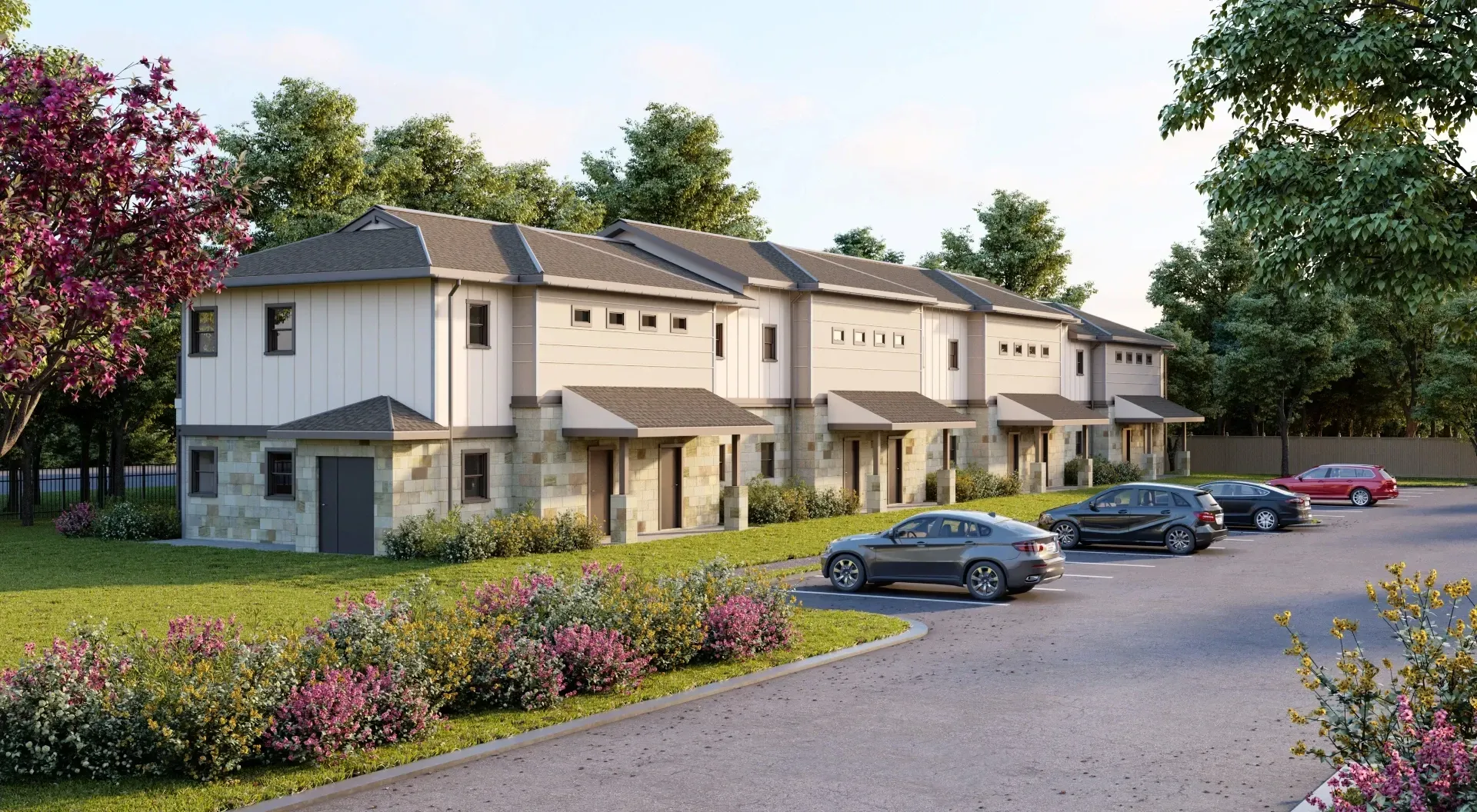 Rendering of TwentyNine 02 building with beautiful landscaping and cars parked in front. Book your visit to see why TwentyNine02 stands out among Apartments for Rent in Universal City, TX.