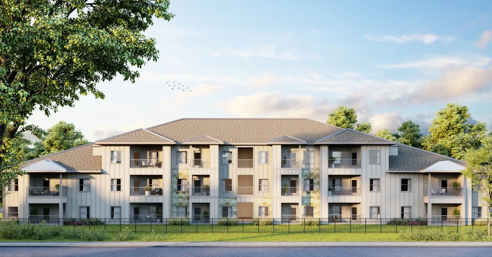 Rendering of TwentyNine 02 building with a green tree in the foreground. 