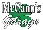 the logo for mccann 's garage is green and white