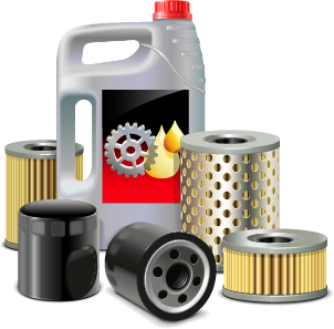a bottle of oil next to a group of oil filters