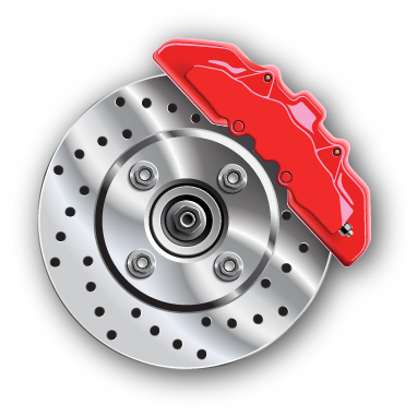 a close up of a brake disc with a red brake caliper