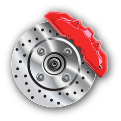 a close up of a brake disc with a red brake caliper