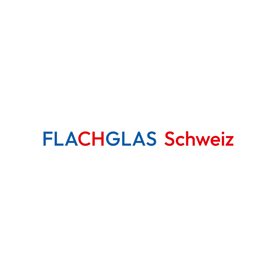 Logo de Flachglas Schweiz en texte bleu et rouge sur fond blanc.