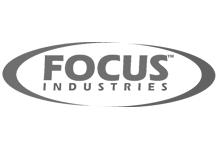 A black and white logo for focus industries on a white background.