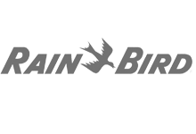 The rain bird logo is black and white and has a bird on it.
