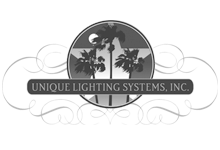 A black and white logo for unique lighting systems inc.