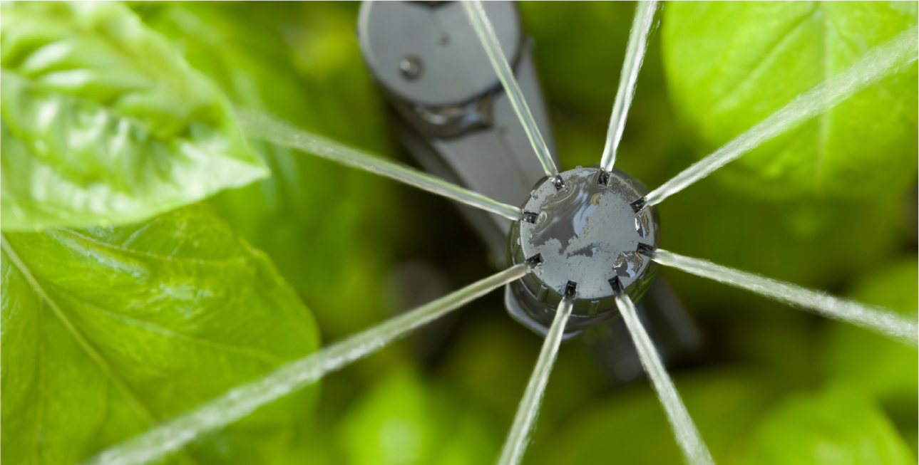 A large swimming pool is lit up with purple lights at night.