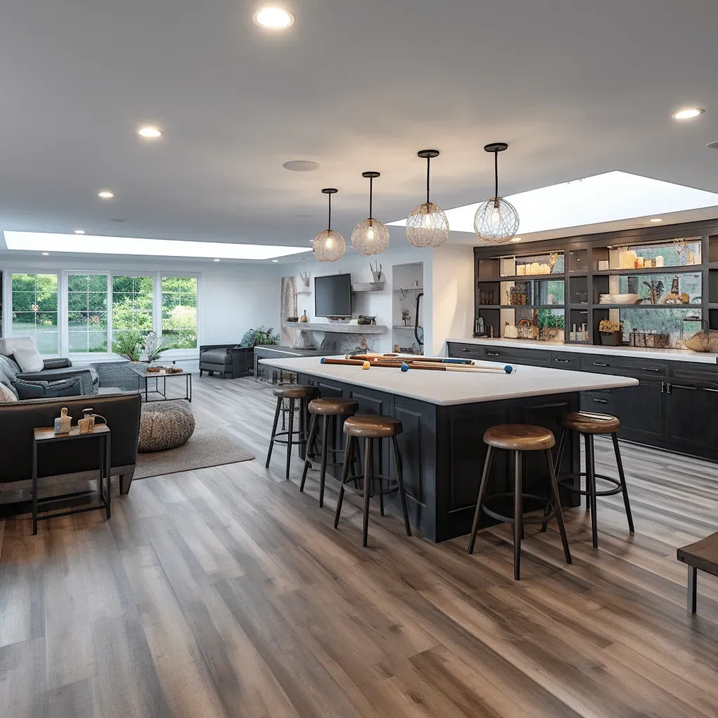 Open-concept kitchen and living area with dark cabinetry, a large white kitchen island with stools, and wood flooring.