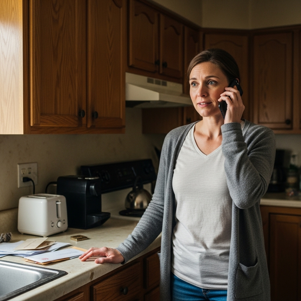 A person in a gray cardigan talks on a smartphone while standing in a kitchen with wooden cabinets and a white toaster.