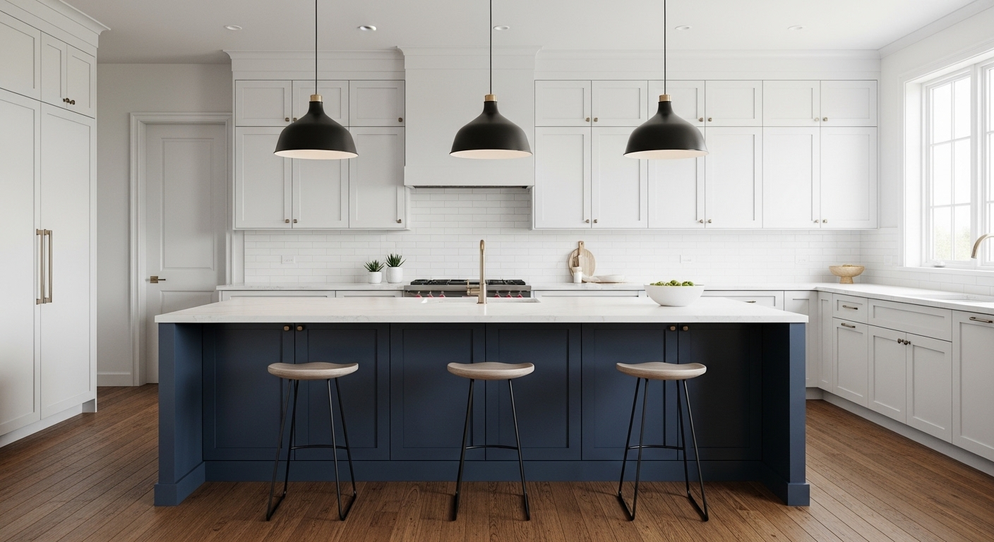 A kitchen with a dark blue island, white cabinets, three hanging pendant lights, and wooden floors.