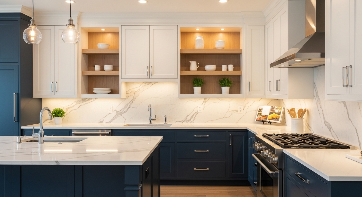 Modern kitchen with white and dark blue cabinetry, marble countertops, open wood shelving, and a gas stove.