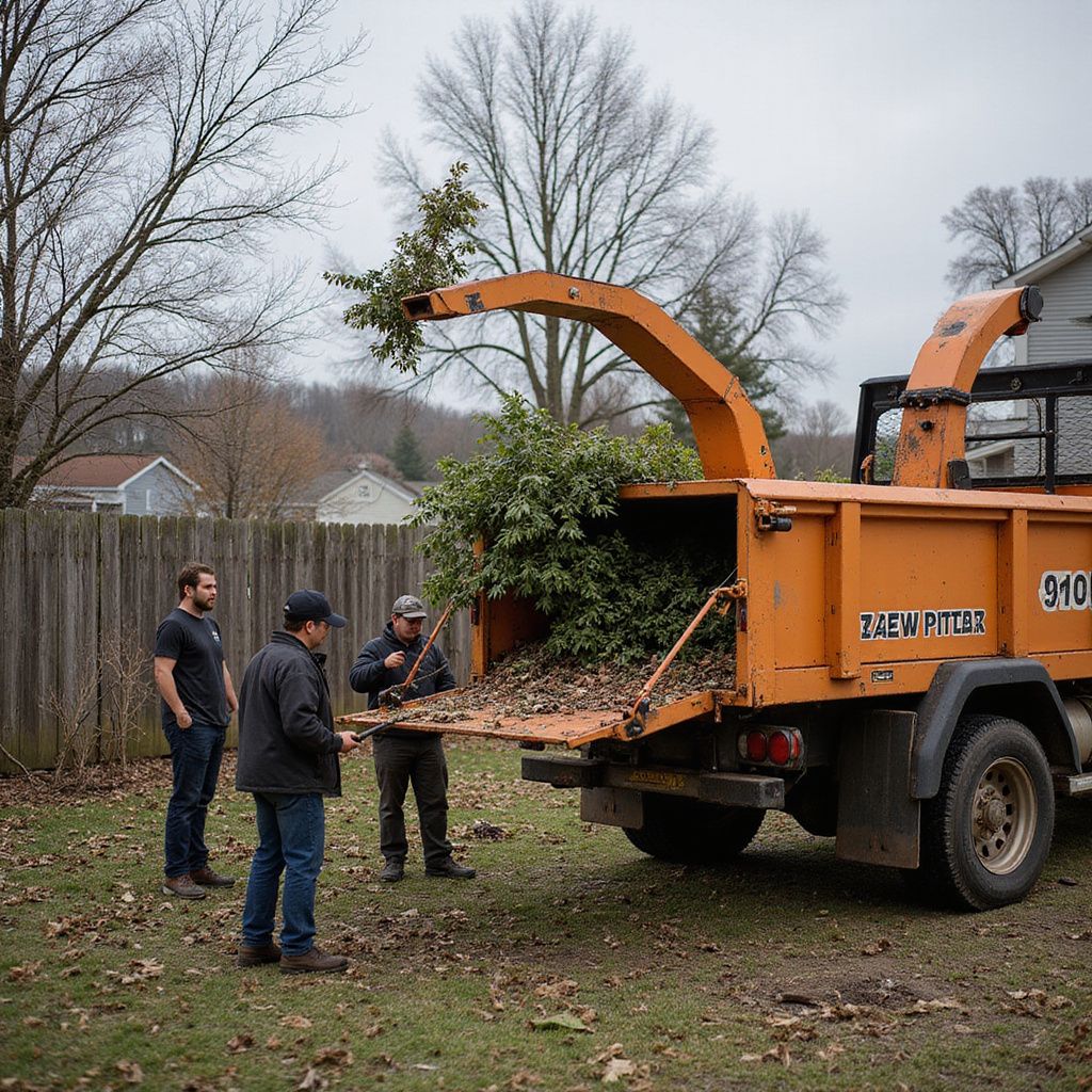 Trois personnes chargent un sapin de Noël dans un camion broyeur de branches orange, dans une cour entourée d'une clôture en bois.